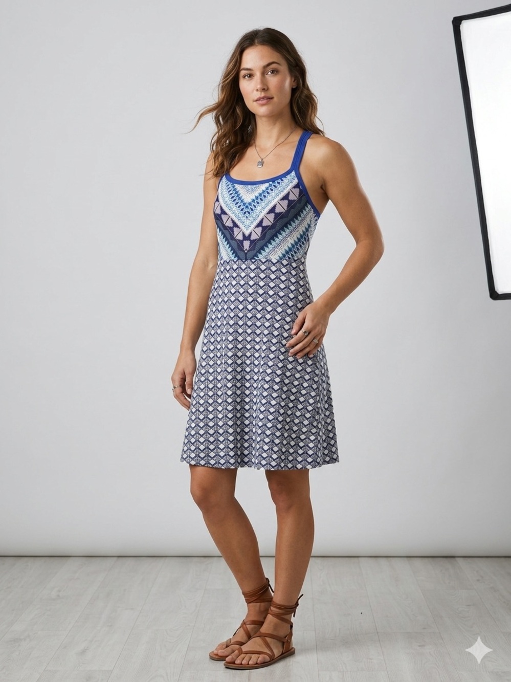 Prana Cora Print Dress Blue Geometric Ikat Racerback Strap with Built-In Bra